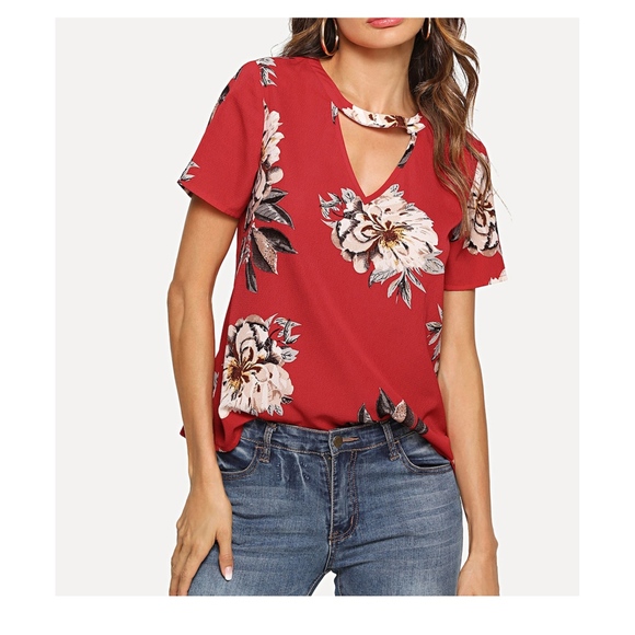 MBM Unlimited Tops - Red Floral Short Sleeve Cut Out V Neck Blouse